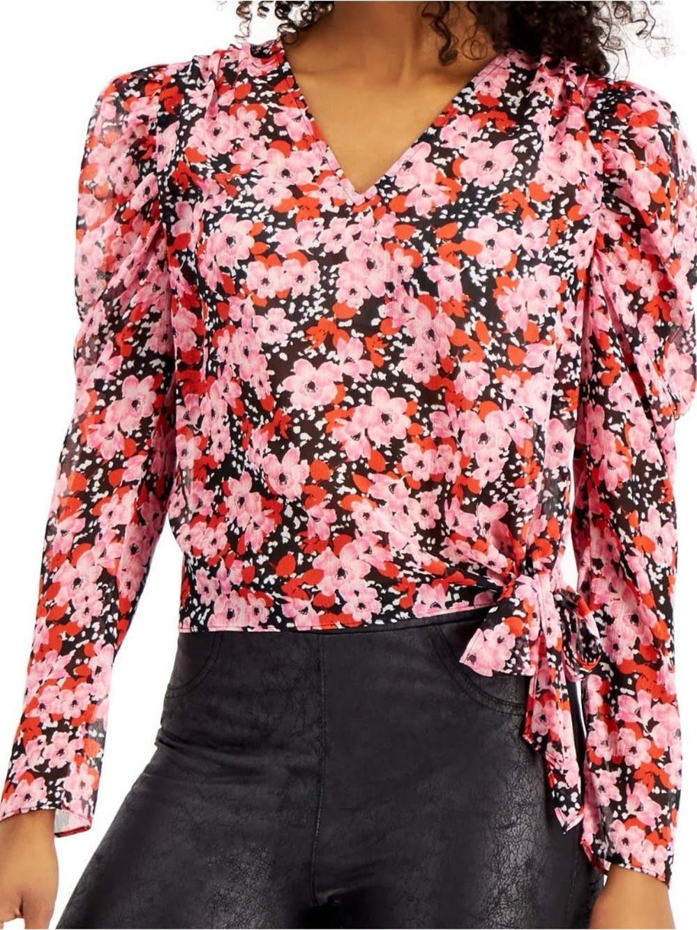 Bar III Pink & Red Floral V-Neck Puff Long Sleeve Blouse Size Medium - Picture 8 of 8